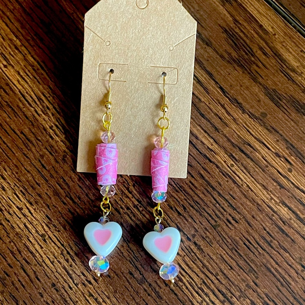Valentine decoupage pink dangle heart earrings! (Set #2)